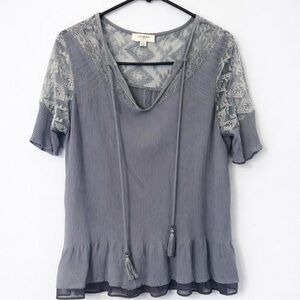 Umgee Slate Gray Lace-Sleeve Tassel Peasant Top